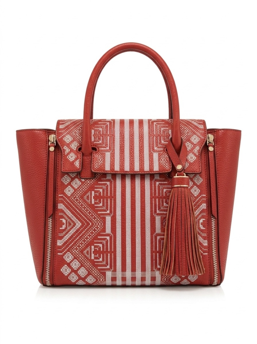 Henri Bendel Tribal Geo Embroidered Bag Paprika Red/Orange